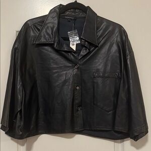 Olivaceous Black Vegan Leather Boxy Cropped Women’s Shirt